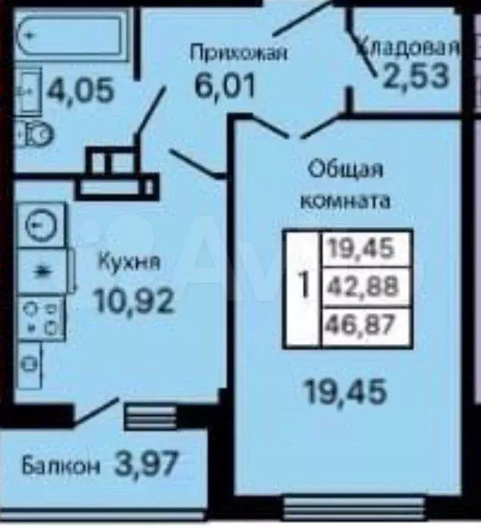 1-к. квартира, 42,2 м, 2/9 эт. - Фото 0