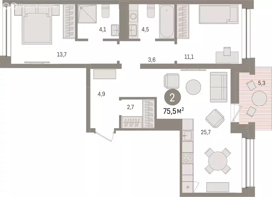 2-комнатная квартира: Тюмень, улица Муравленко, 9/2 (75.49 м) - Фото 1