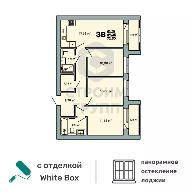 3-к кв. Владимирская область, Ковров ул. Строителей, 43/1 (72.5 м) - Фото 0
