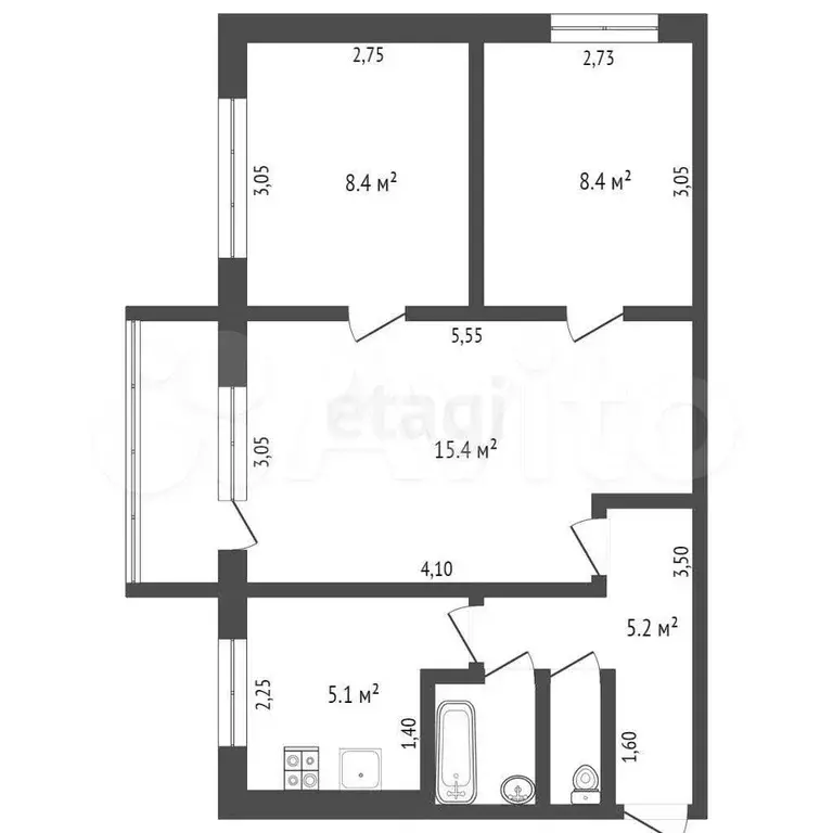 3-к. квартира, 45,6 м, 4/5 эт. - Фото 1