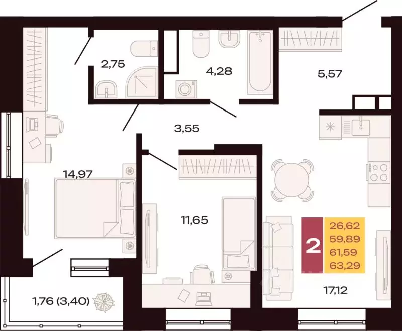 2-к кв. Свердловская область, Екатеринбург Юго-Западный жилрайон, ... - Фото 1