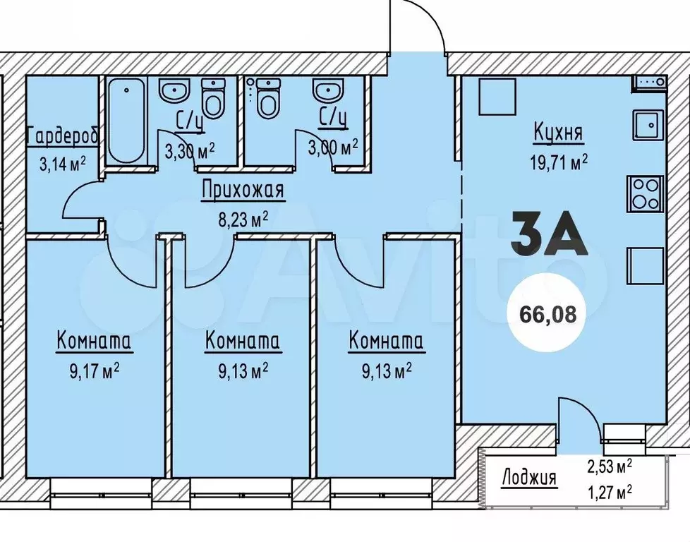 3-к. квартира, 66 м, 4/4 эт. - Фото 0