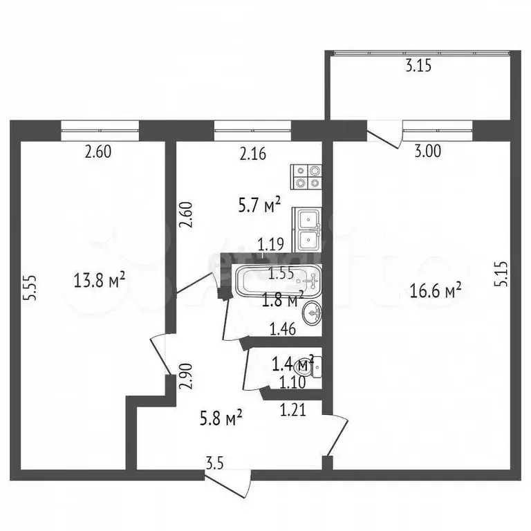 2-к. квартира, 44,8 м, 2/5 эт. - Фото 0