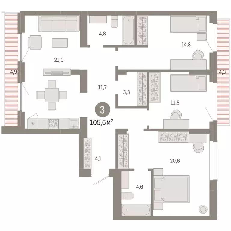 3-комнатная квартира: Новосибирск, квартал Лебедевский, 1/3 (105.6 м) - Фото 2