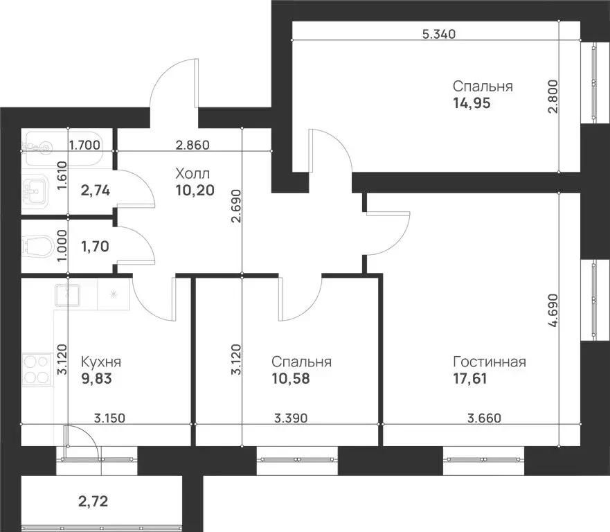 3-комнатная квартира: Тула, микрорайон Новая Тула (70.33 м) - Фото 1