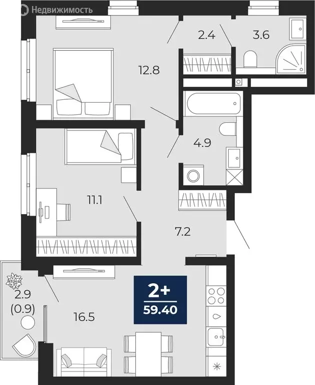 2-комнатная квартира: Тюмень, проезд Капитана Куликова, 5 (61.4 м) - Фото 1