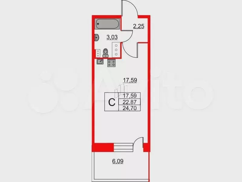 Квартира-студия, 22,5 м, 4/12 эт. - Фото 1