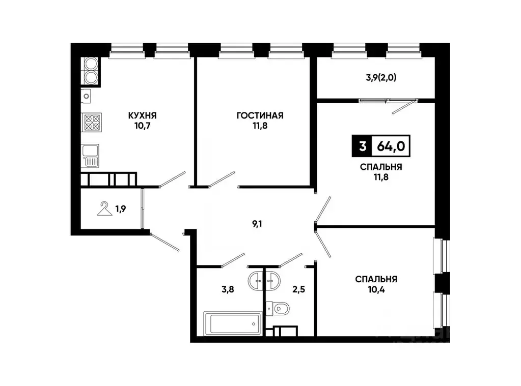 3-к кв. Ставропольский край, Ставрополь ул. Доваторцев, 179В (64.0 м) - Фото 1