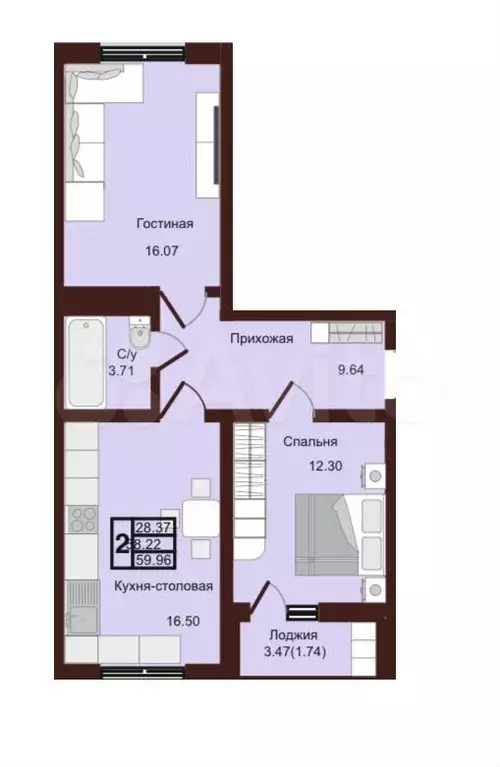 2-к. квартира, 60 м, 5/16 эт. - Фото 0