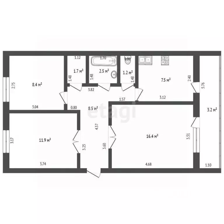 3-к кв. Башкортостан, Стерлитамак ул. Щербакова, 10 (58.1 м) - Фото 2