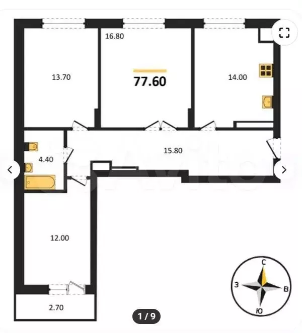 3-к. квартира, 77,6 м, 2/8 эт. - Фото 1