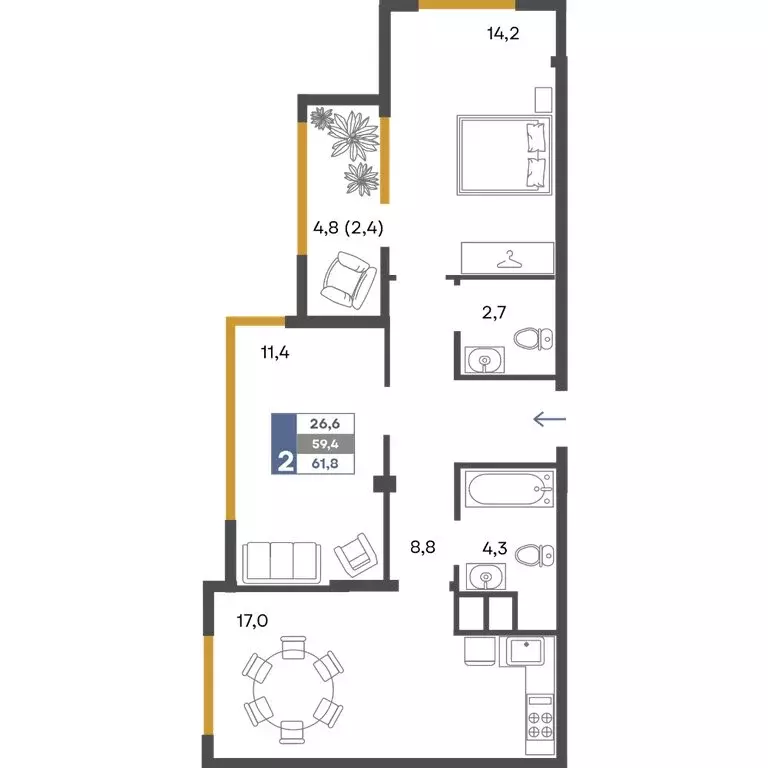 2-комнатная квартира: Перевальное, ЖК Предгорье (61.8 м) - Фото 1