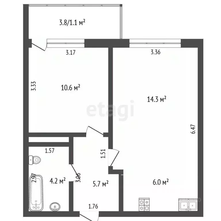 2-к кв. Кемеровская область, Новокузнецк Уфимская ул., 6 (41.3 м) - Фото 1