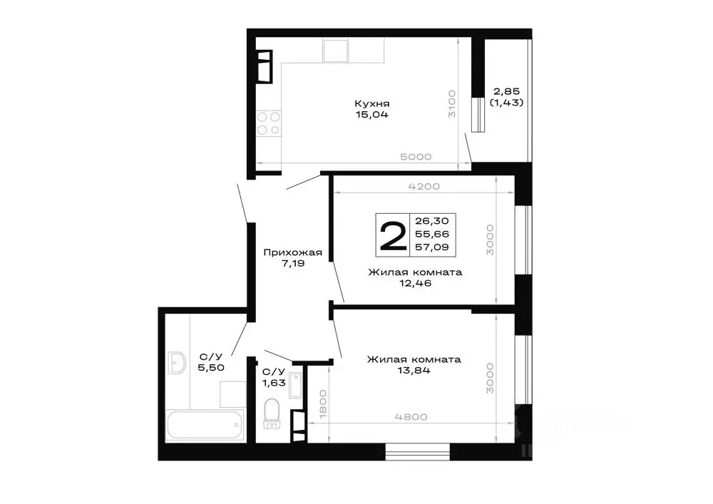2-к кв. Адыгея, Майкоп  (57.09 м) - Фото 1