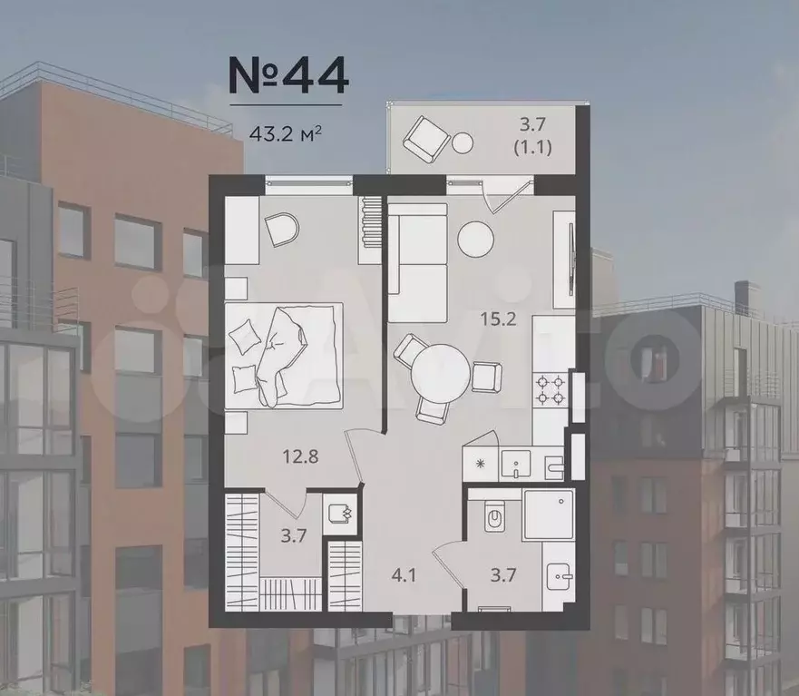 1-к. квартира, 43,2 м, 3/7 эт. - Фото 0