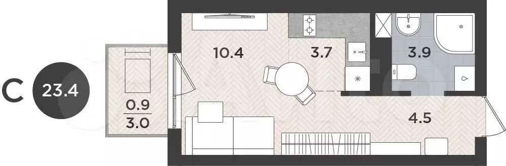 Квартира-студия, 23,4 м, 9/9 эт. - Фото 1