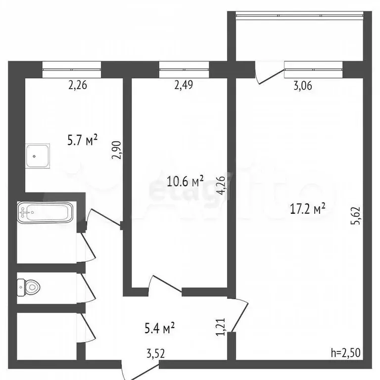 2-к. квартира, 43,6 м, 5/5 эт. - Фото 0