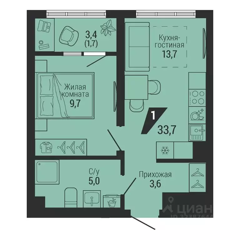 1-к кв. Свердловская область, Екатеринбург Вторчермет жилрайон,  (33.7 ... - Фото 2