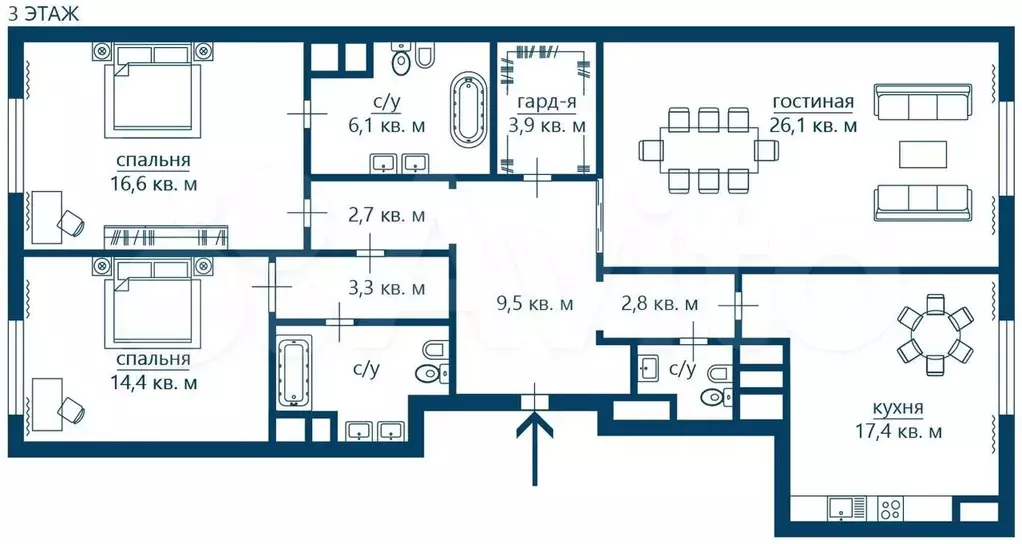 3-к. квартира, 110м, 3/13эт. - Фото 1