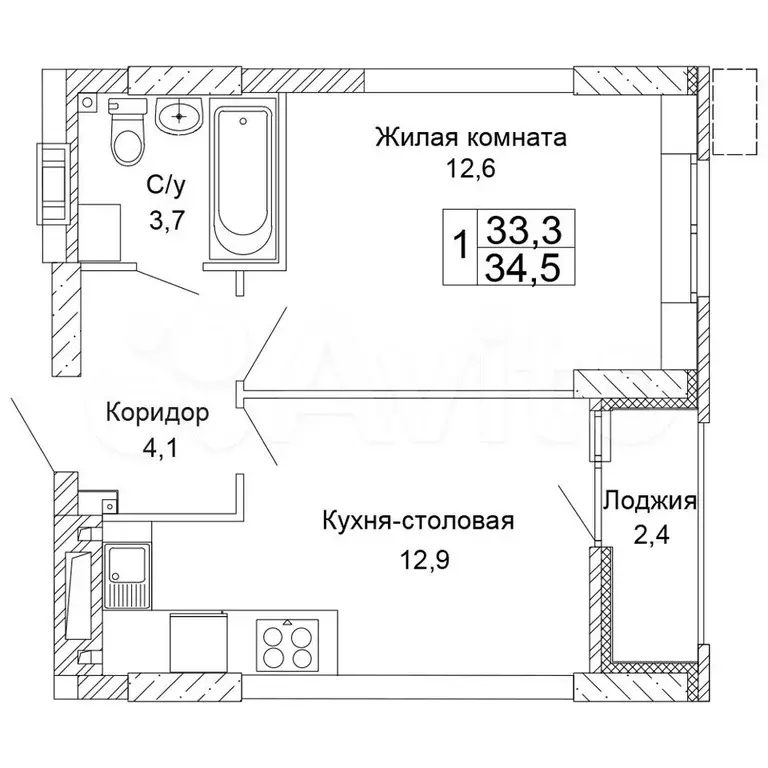 1-к. квартира, 34,5 м, 5/17 эт. - Фото 0