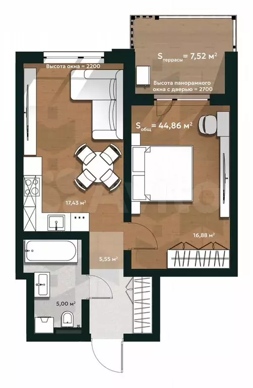 2-к. квартира, 47,1 м, 1/4 эт. - Фото 1