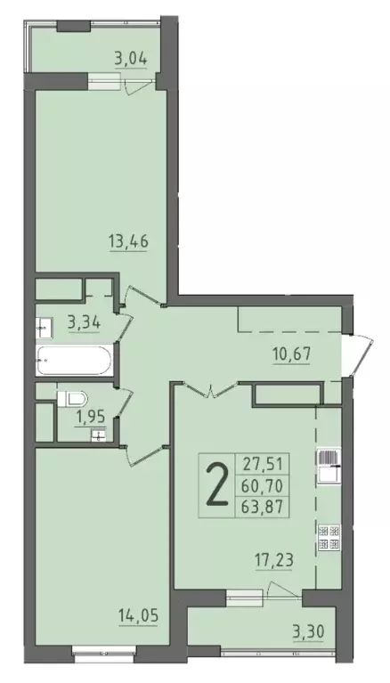 2-к квартира, 63.87 м - Фото 0