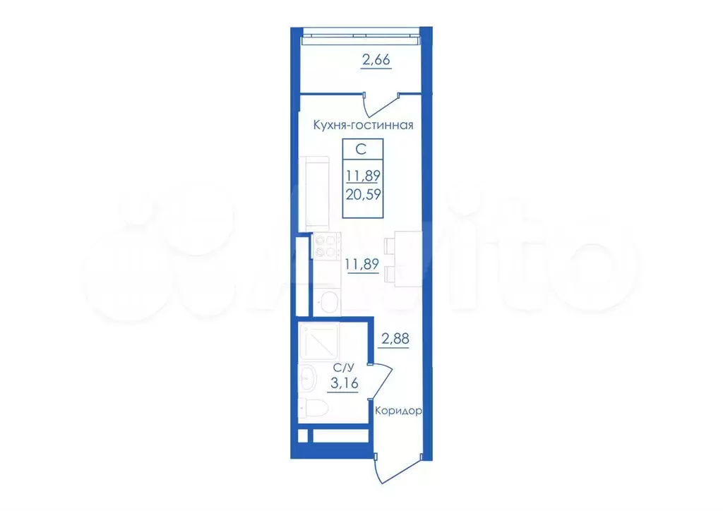 Квартира-студия, 20,6 м, 5/25 эт. - Фото 1