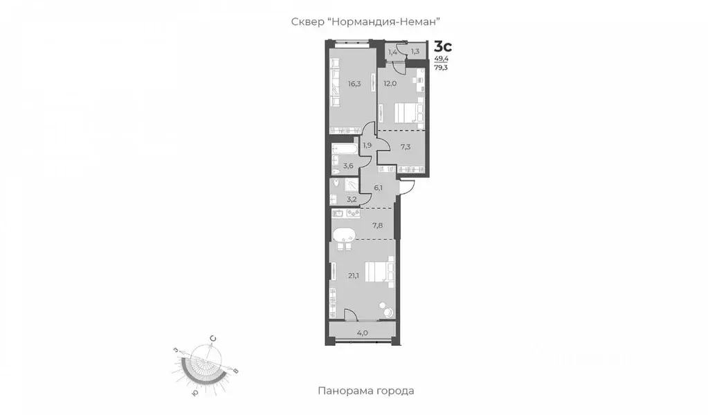 3-к кв. Новосибирская область, Новосибирск ул. Аэропорт, 49 (79.3 м) - Фото 1