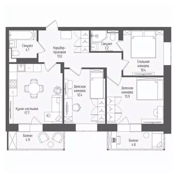 4-к кв. Новосибирская область, Новосибирск ул. Серафимовича, 12 (77.6 ... - Фото 2