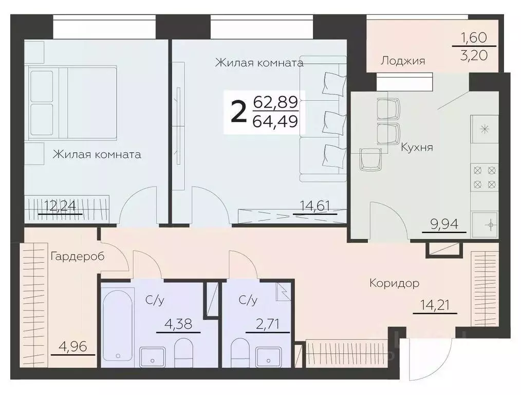 2-к кв. Воронежская область, Воронеж Ленинградская ул., 29Б (64.49 м) - Фото 0
