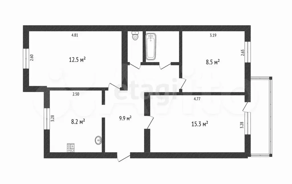 3-к. квартира, 58,1 м, 1/5 эт. - Фото 0