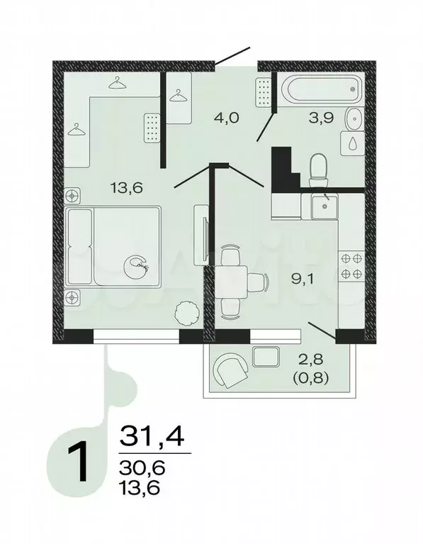 1-к. квартира, 31,4 м, 3/4 эт. - Фото 0