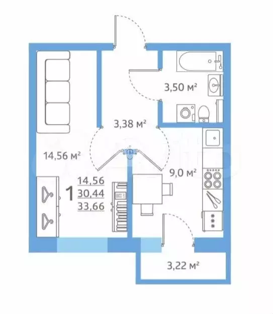 1-к. квартира, 33,7 м, 6/7 эт. - Фото 0