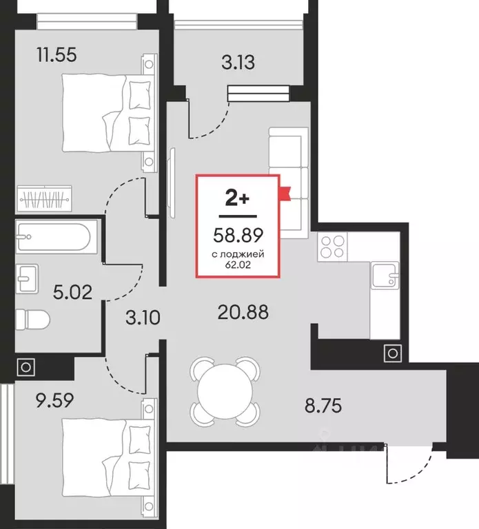 2-к кв. Ханты-Мансийский АО, Нефтеюганск ул. Нефтяников, 48А (58.89 м) - Фото 1
