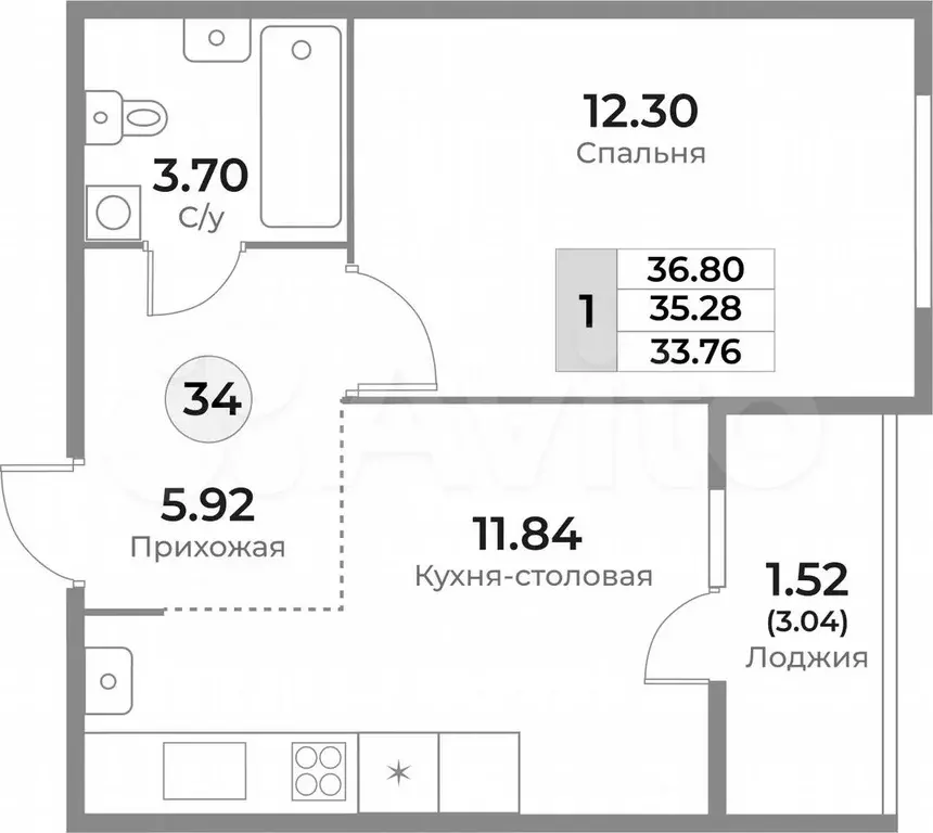 1-к. квартира, 36,8 м, 9/10 эт. - Фото 1