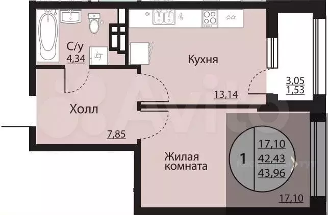 1-к. квартира, 44 м, 10/24 эт. - Фото 0