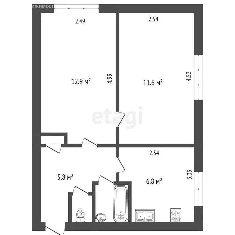 2-комнатная квартира: посёлок Новоомский, Целинная улица, 2 (40.6 м) - Фото 1