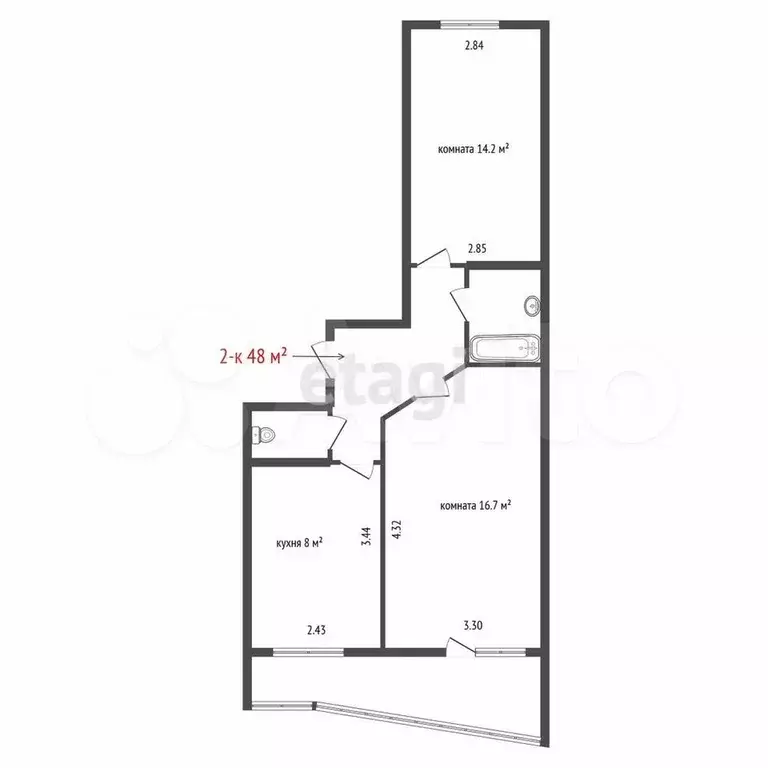 2-к. квартира, 48 м, 3/13 эт. - Фото 0
