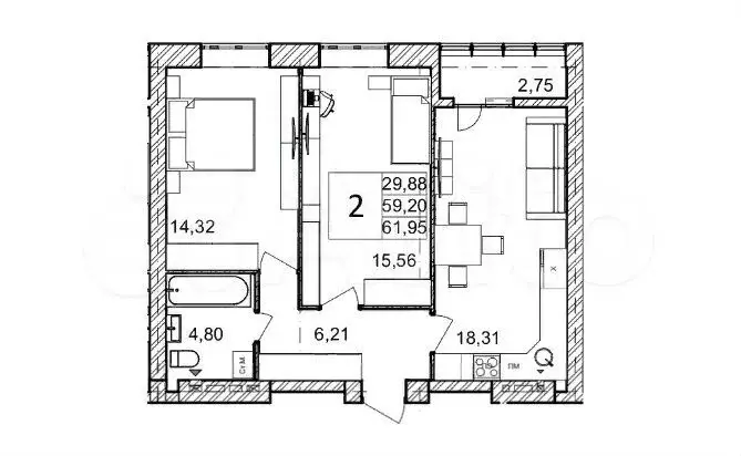 2-к. квартира, 62м, 4/9эт. - Фото 0