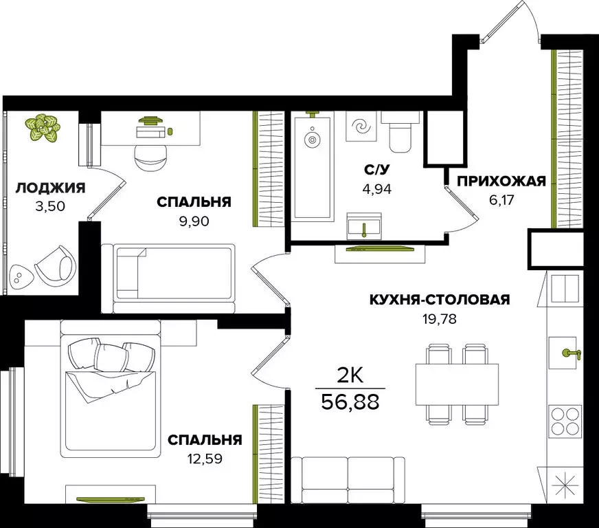 2-комнатная квартира: Тула, Восточный обвод (56.88 м) - Фото 1