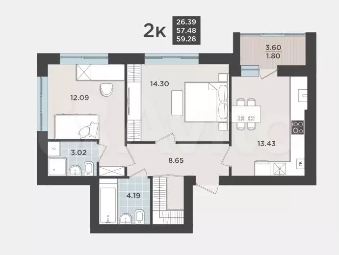 2-к. квартира, 57,5 м, 3/9 эт. - Фото 1