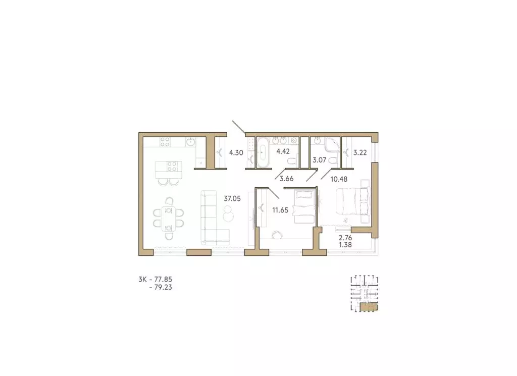 2-комнатная квартира: Пенза, ЖК Академия (79.23 м) - Фото 0