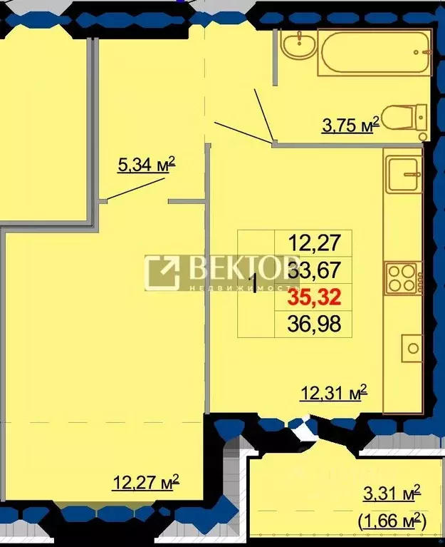 1-к кв. Костромская область, Кострома Индустриальная ул., 5 (35.32 м) - Фото 1