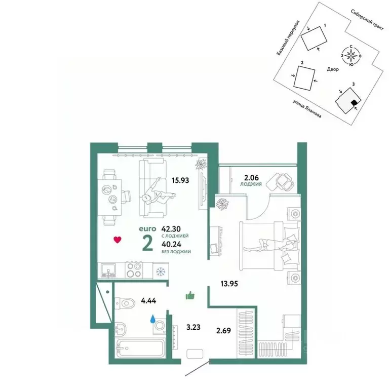 2-к кв. Свердловская область, Екатеринбург тракт Сибирский, 24Д (42.3 ... - Фото 1