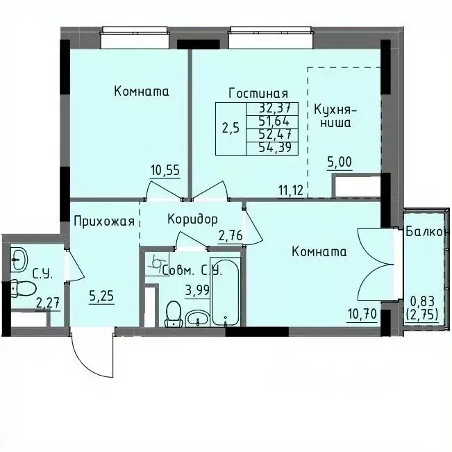 2-к кв. Удмуртия, Ижевск Строитель жилрайон, 4-й мкр,  (52.47 м) - Фото 0