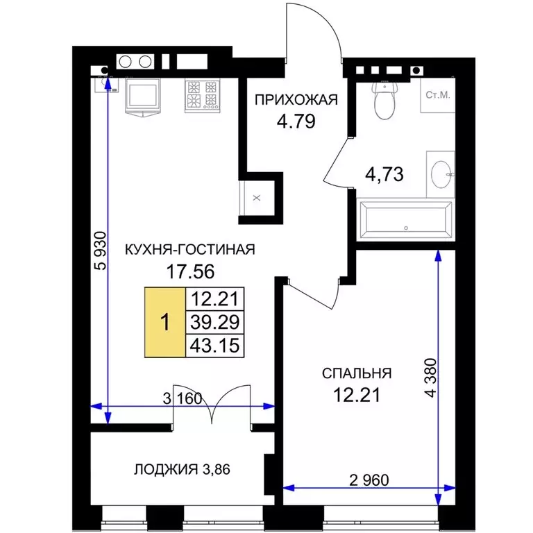 1-комнатная квартира: Гурьевск, жилой комплекс Включи (43.15 м) - Фото 0