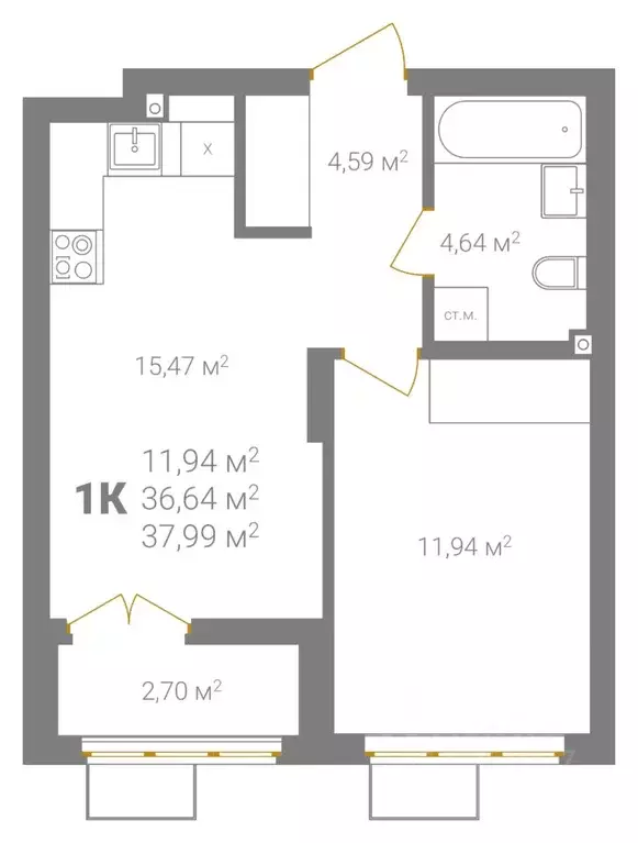 1-к кв. Нижегородская область, Нижний Новгород Ветеринарная ул. (37.99 ... - Фото 2