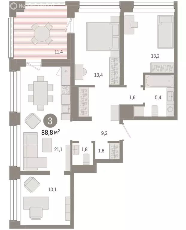 3-комнатная квартира: Тюмень, улица Муравленко, 9/2 (88.78 м) - Фото 1