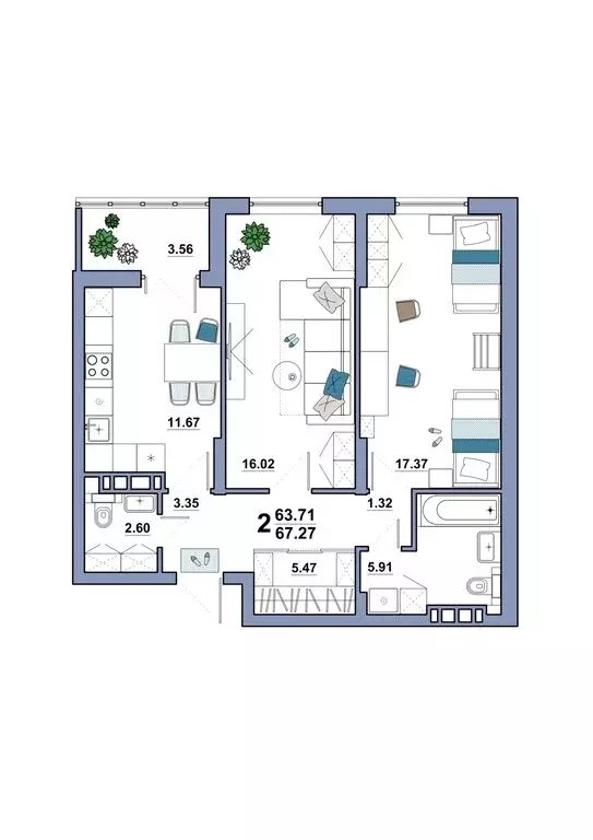 2-комнатная квартира: Энгельс, Полиграфическая улица, 77А (67.27 м) - Фото 1