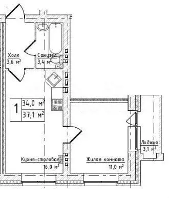 1-к. квартира, 37,1 м, 2/3 эт. - Фото 0